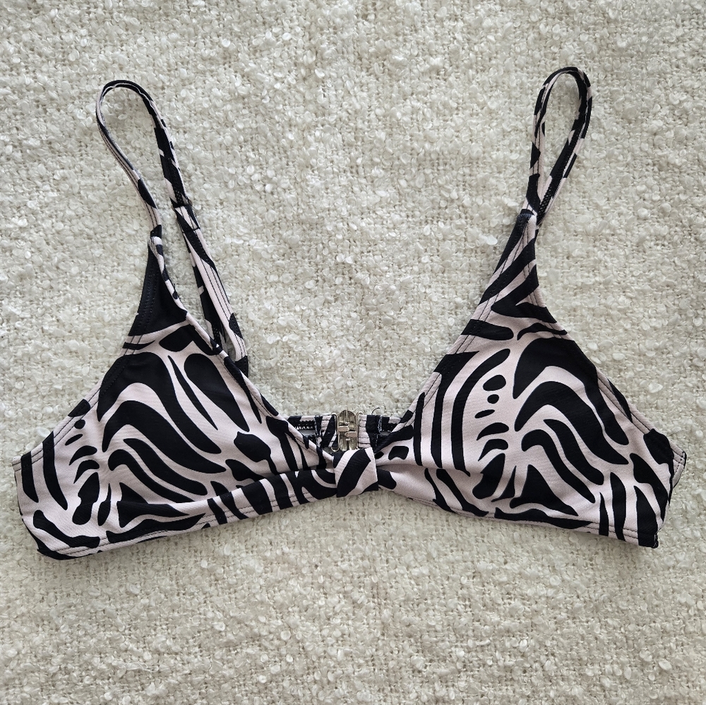 Zebra-Print Bralette Bikini Top - Black & Beige